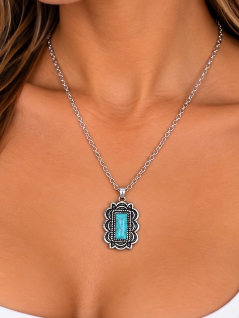Turquoise Stone Silver-Tone Pendant Necklace - Women Jewelry